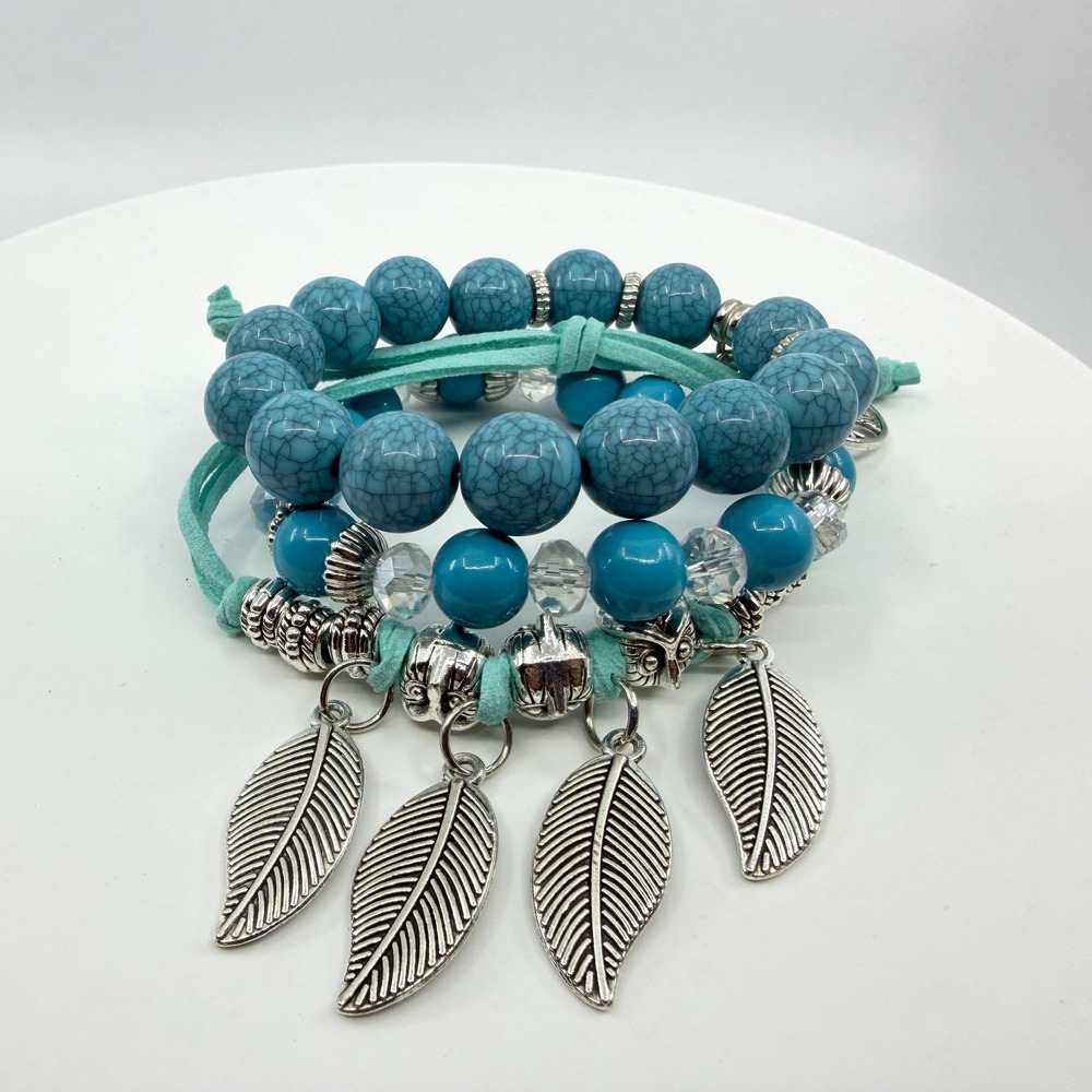 Feather Charm Wrap Bracelet Simulated Turquoise Beads Layered Festival Style